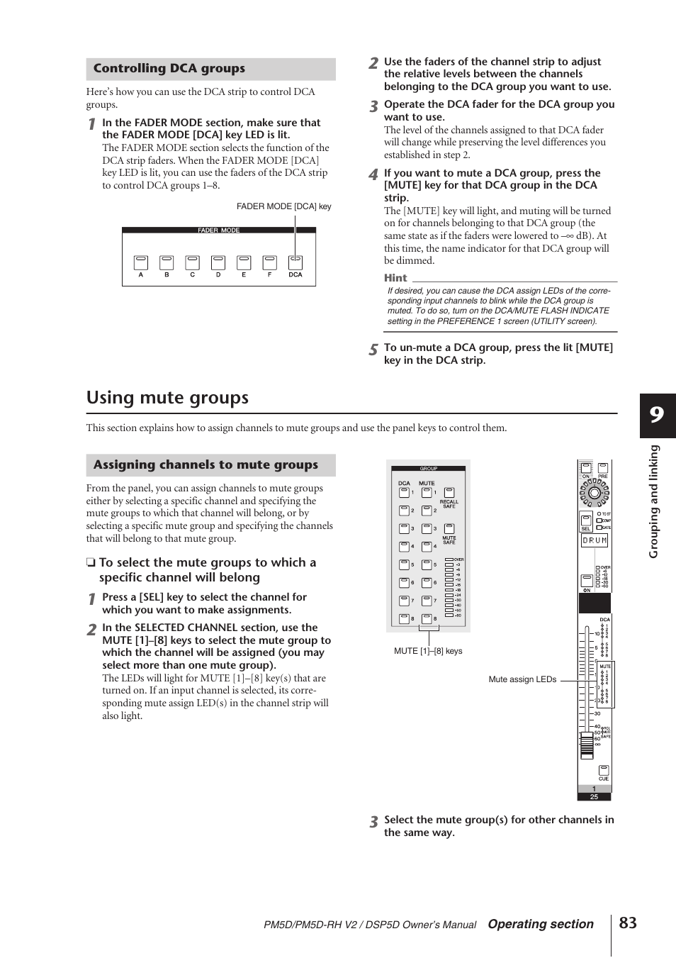 Controlling dca groups, Using mute groups, Assigning channels to mute groups | P.83) | Yamaha DSP5D User Manual | Page 83 / 409