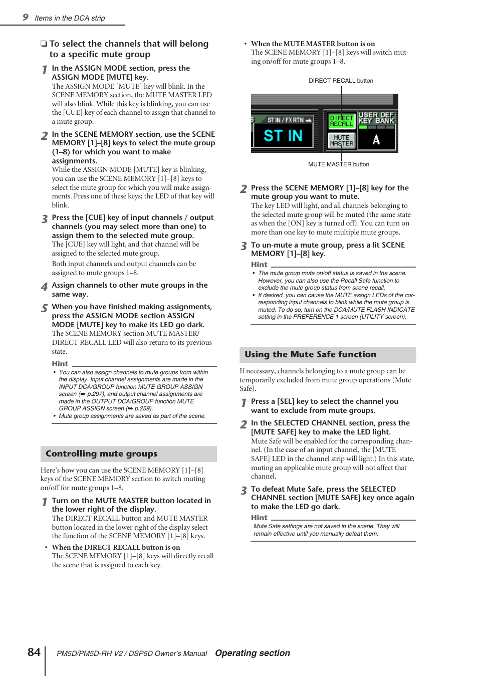 Controlling mute groups, Using the mute safe function | Yamaha DSP5D User Manual | Page 84 / 409