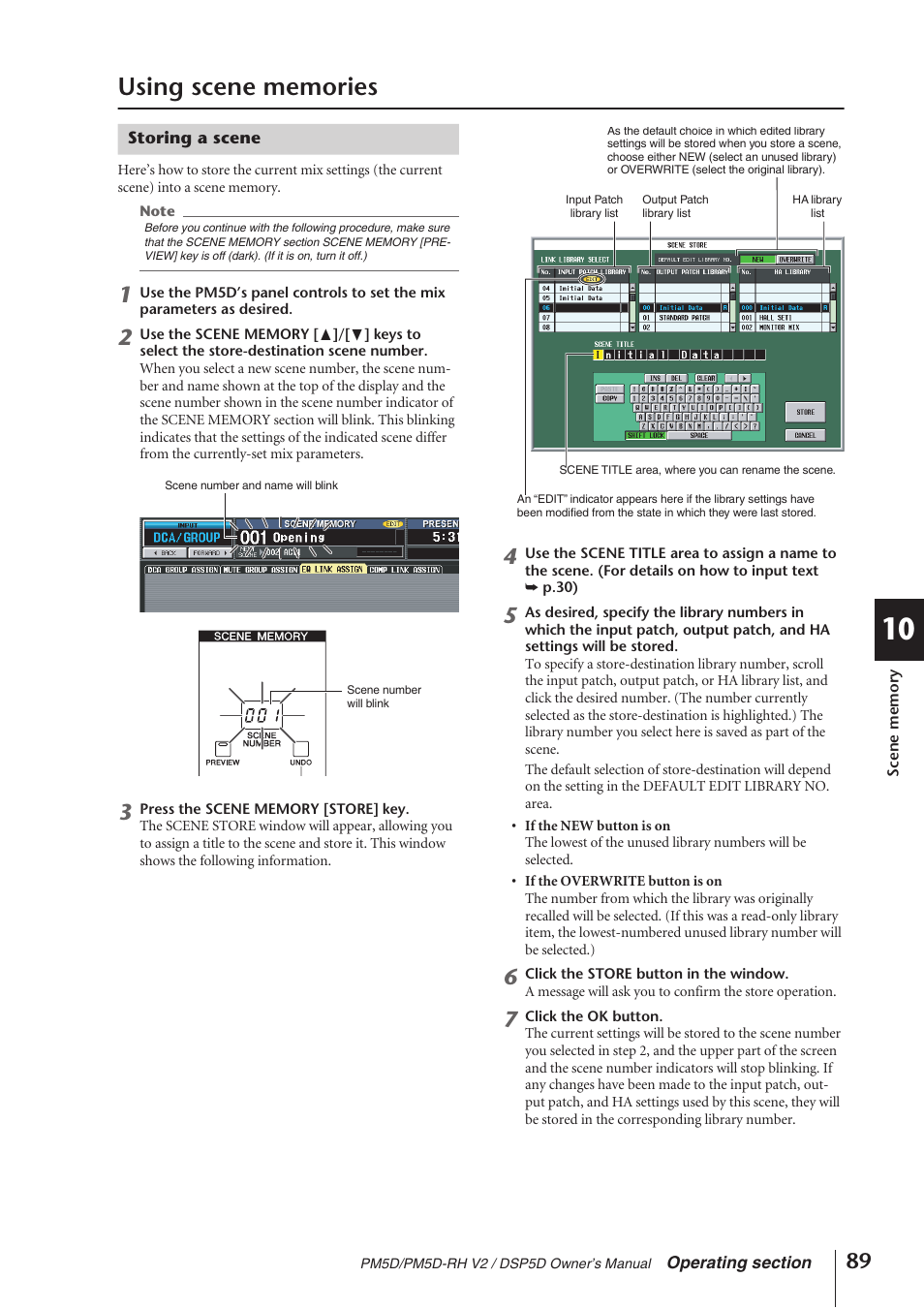 Using scene memories, Storing a scene | Yamaha DSP5D User Manual | Page 89 / 409