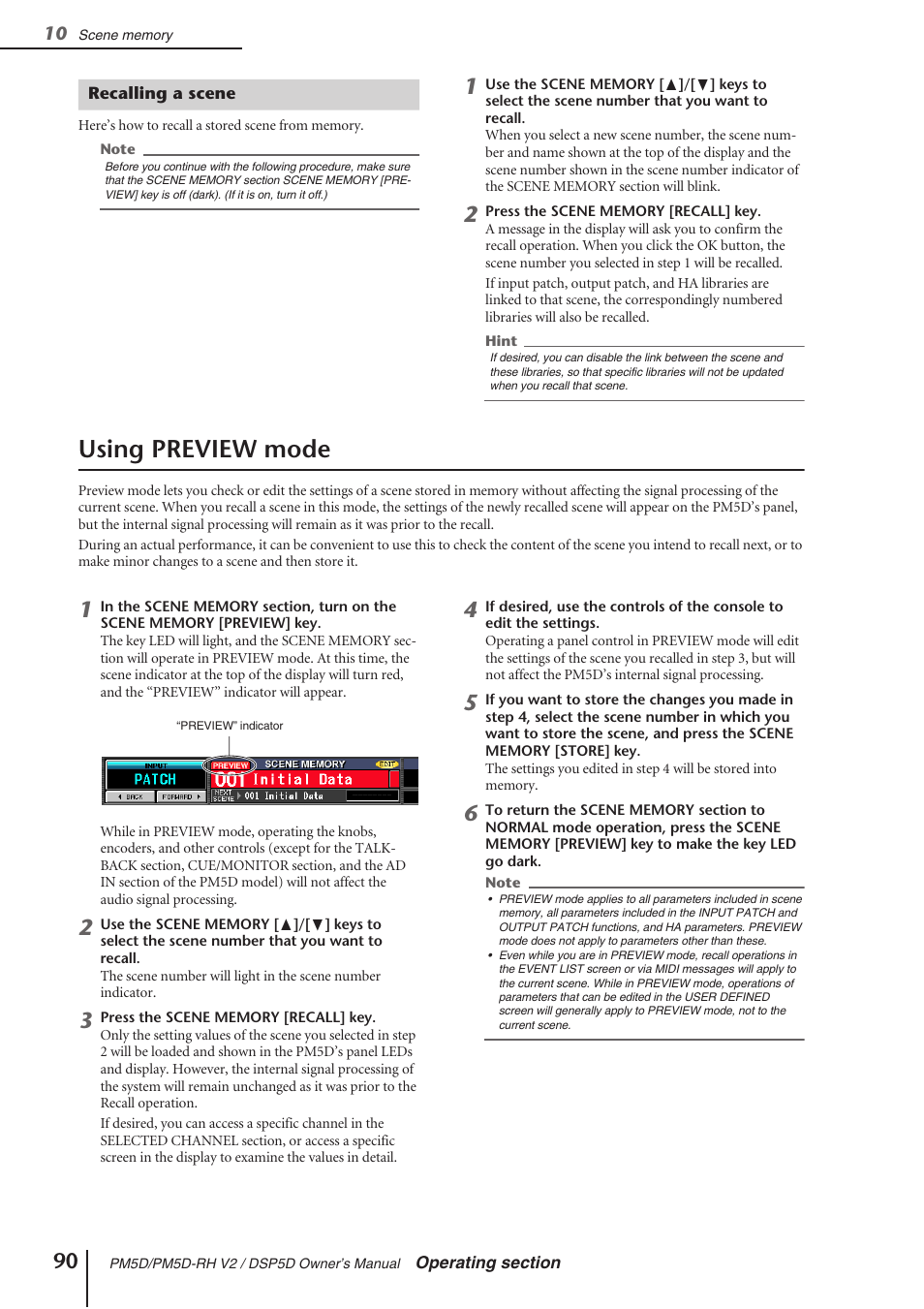 Recalling a scene, Using preview mode | Yamaha DSP5D User Manual | Page 90 / 409