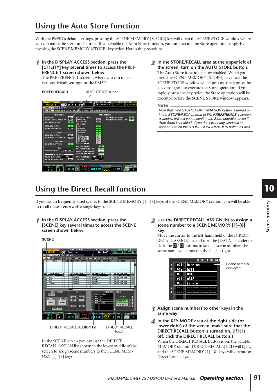 Using the auto store function, Using the direct recall function | Yamaha DSP5D User Manual | Page 91 / 409