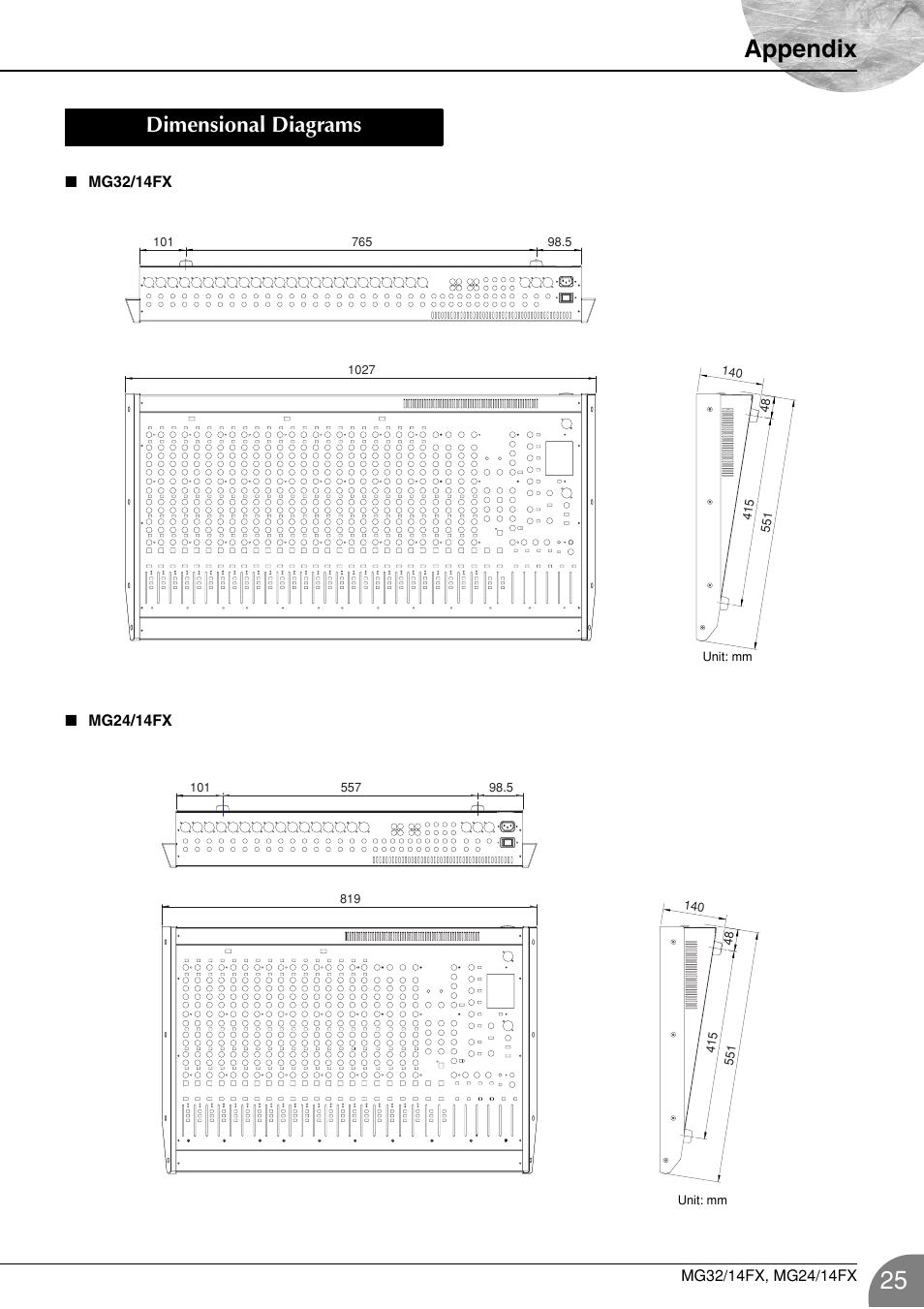 Dimensional diagrams, Appendix | Yamaha WA66540 User Manual | Page 25 / 28