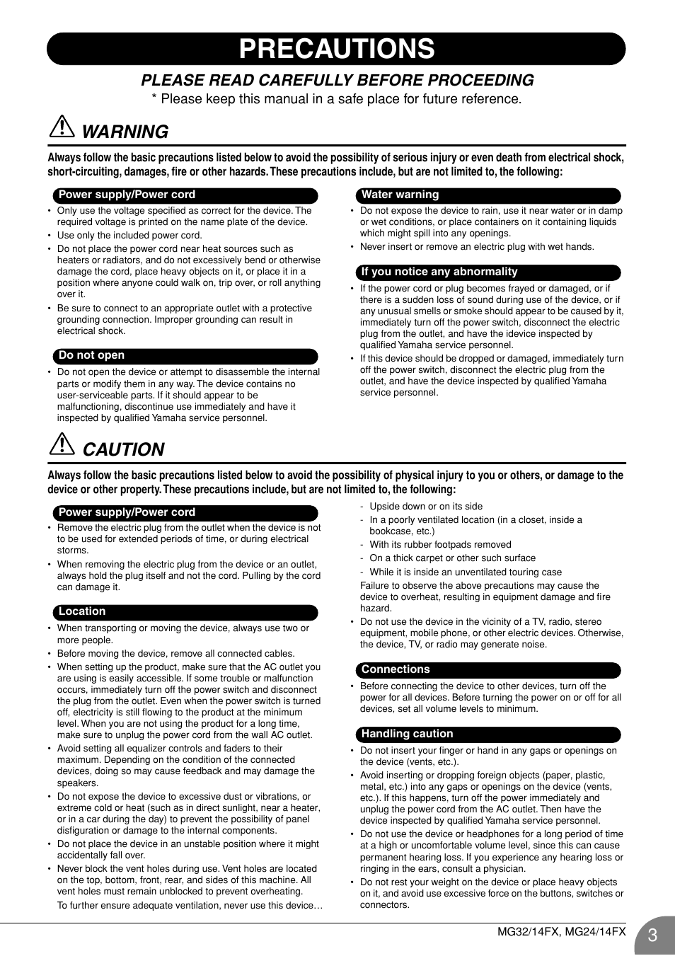 Precautions, Warning, Caution | Please read carefully before proceeding | Yamaha WA66540 User Manual | Page 3 / 28
