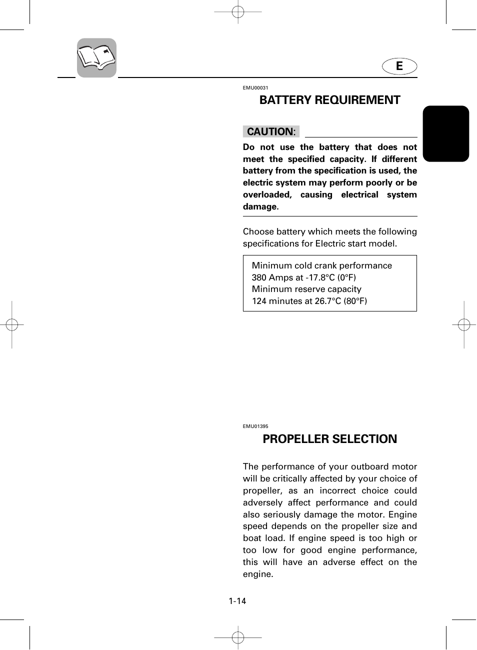 Battery requirement c c, Propeller selection | Yamaha F100A User Manual | Page 21 / 115