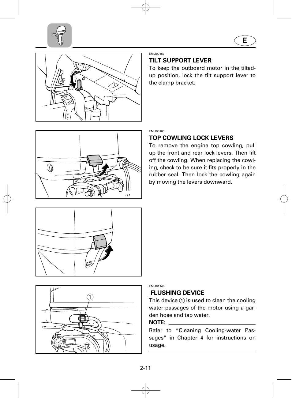 Top cowling lock levers, Tilt support lever, Flushing device | Yamaha F100A User Manual | Page 36 / 115