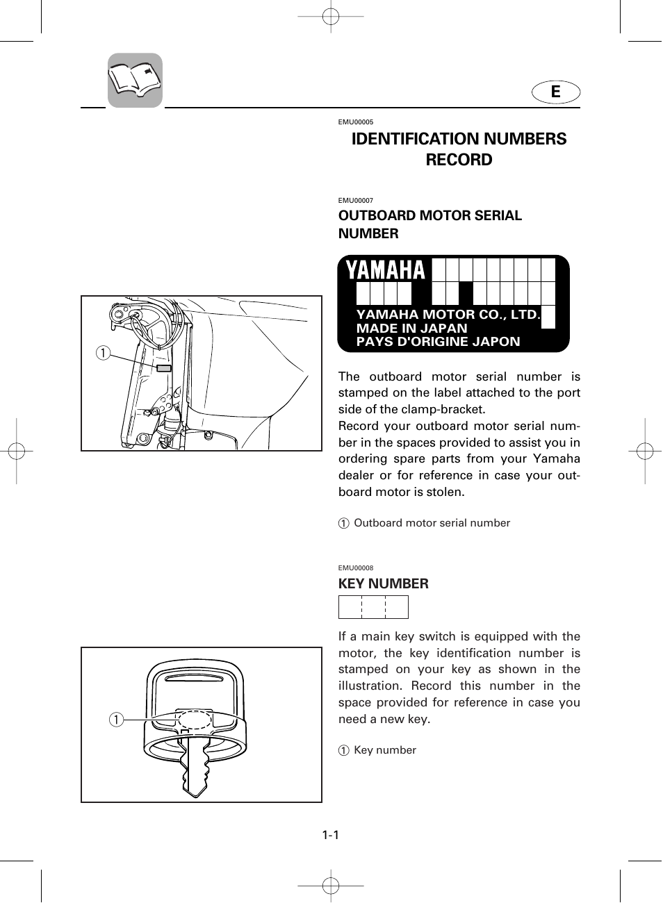 Yamaha, Identification numbers record | Yamaha F100A User Manual | Page 8 / 115
