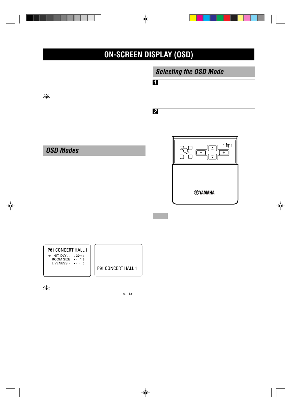 On-screen display (osd), Osd modes, Selecting the osd mode | Selecting the osd mode 1 | Yamaha RX-V1000RDS User Manual | Page 22 / 85