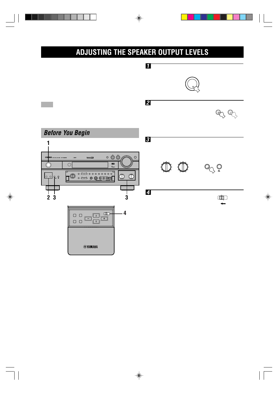 Adjusting the speaker output levels, Before you begin, Vcr2 /dvr v-aux vcr 1 cbl/sat d-tv/ld dvd source | Md/tape cd-r tuner cd phono, Remote control, Front panel, Front panel set to off | Yamaha RX-V1000RDS User Manual | Page 24 / 85