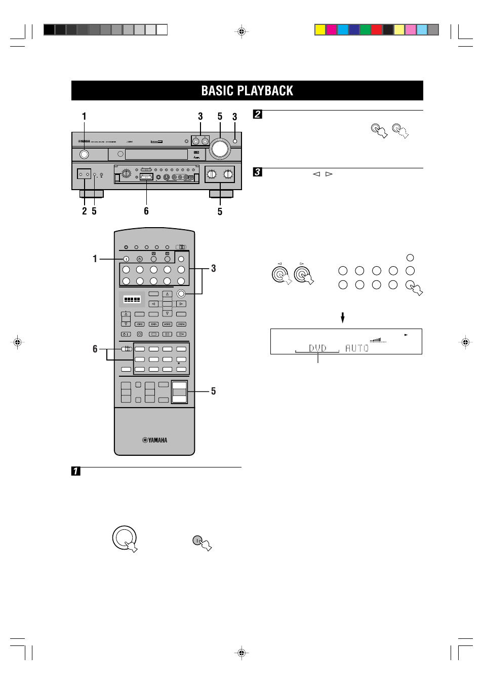 Basic playback, Vcr2 /dvr v-aux vcr 1 cbl/sat d-tv/ld dvd source, Md/tape cd-r tuner cd phono | Basic operation, Front panel, Or remote control | Yamaha RX-V1000RDS User Manual | Page 26 / 85