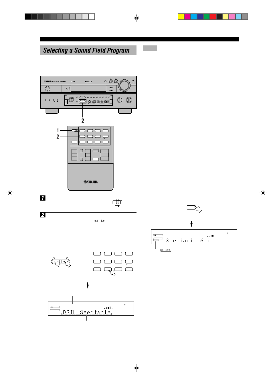 Selecting a sound field program, Dolby digital matrix 6.1 or dts es decoder, Set 10key/dsp to dsp on the remote control | Vcr2 /dvr v-aux vcr 1 cbl/sat d-tv/ld dvd source, Md/tape cd-r tuner cd phono, Remote control, The “ c ” indicator lights up, Basic playback | Yamaha RX-V1000RDS User Manual | Page 30 / 85