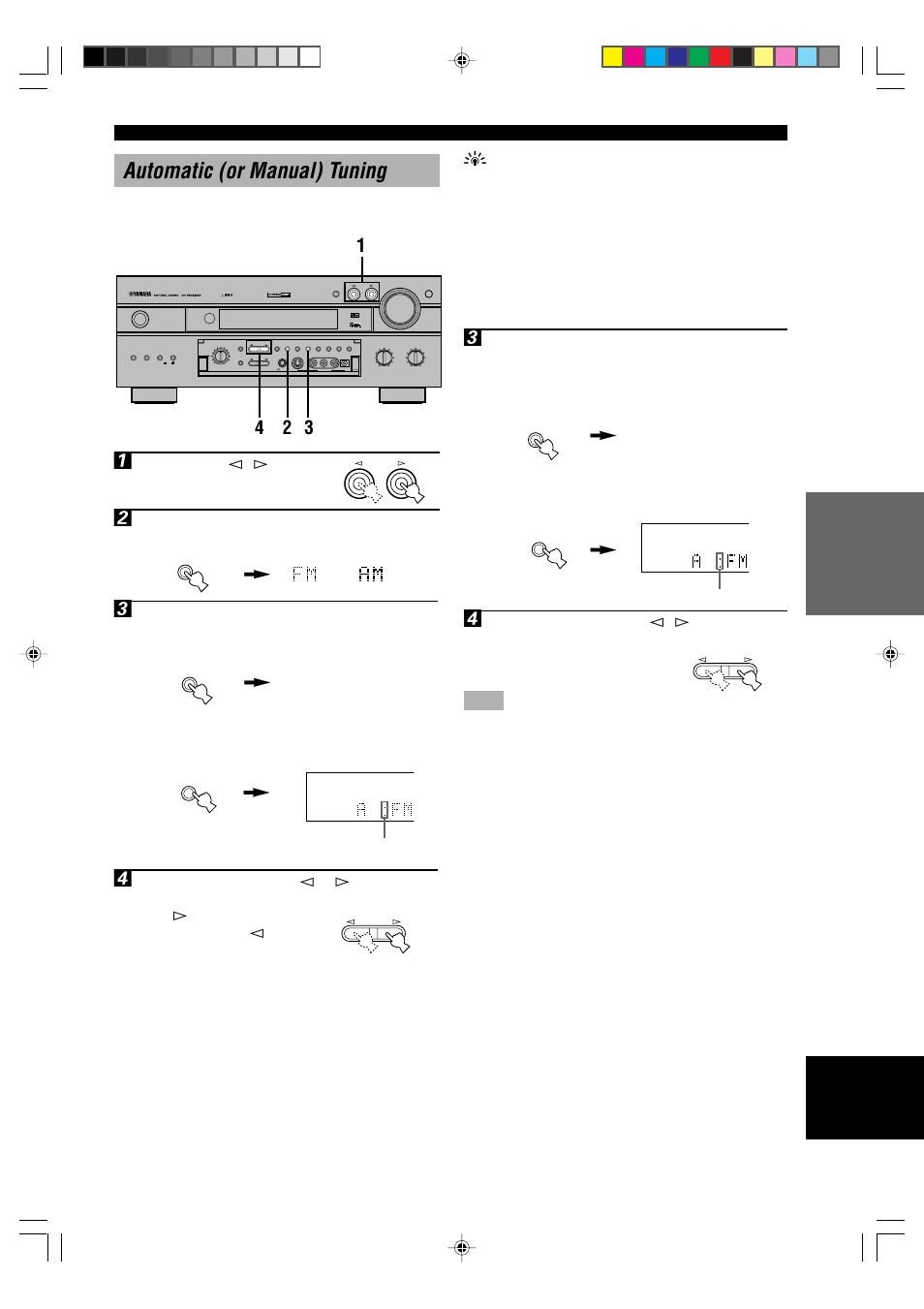 Automatic (or manual) tuning, Vcr2 /dvr v-aux vcr 1 cbl/sat d-tv/ld dvd source, Md/tape cd-r tuner cd phono | Yamaha RX-V1000RDS User Manual | Page 33 / 85