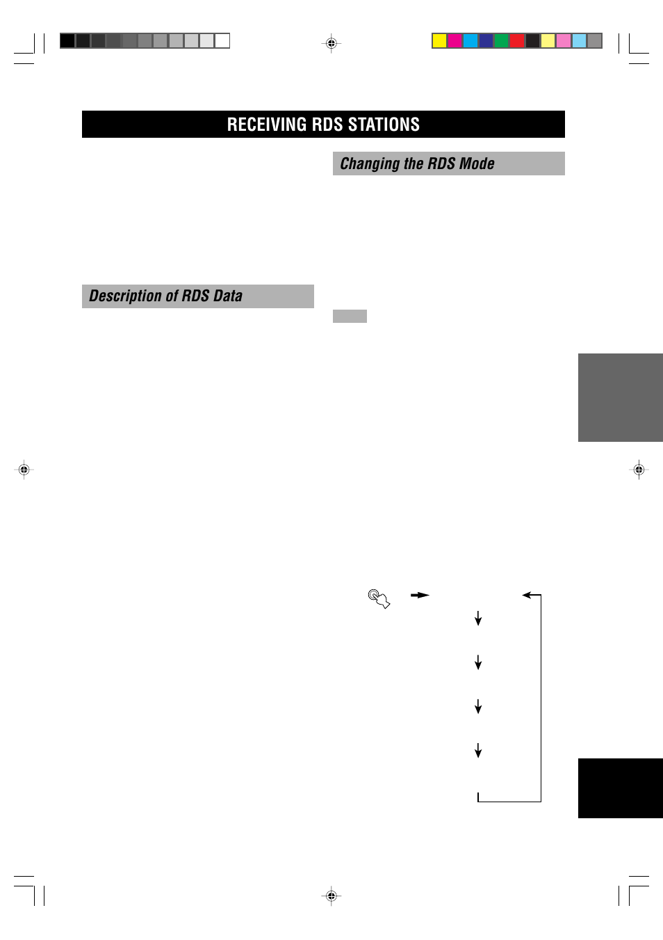 Receiving rds stations, Description of rds data, Changing the rds mode | Ps (program service name) mode, Pty (program type) mode, Rt (radio text) mode, Ct (clock time) mode, Eon (enhanced other networks) | Yamaha RX-V1000RDS User Manual | Page 37 / 85