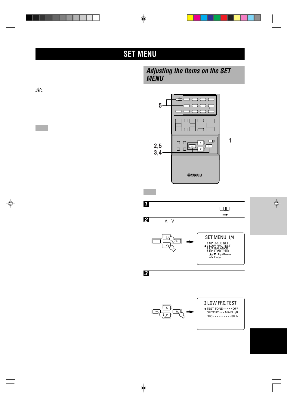 Set menu, Adjusting the items on the set menu, 2 low frq test | Set menu 1/4, Set parameter/set menu to set menu | Yamaha RX-V1000RDS User Manual | Page 41 / 85