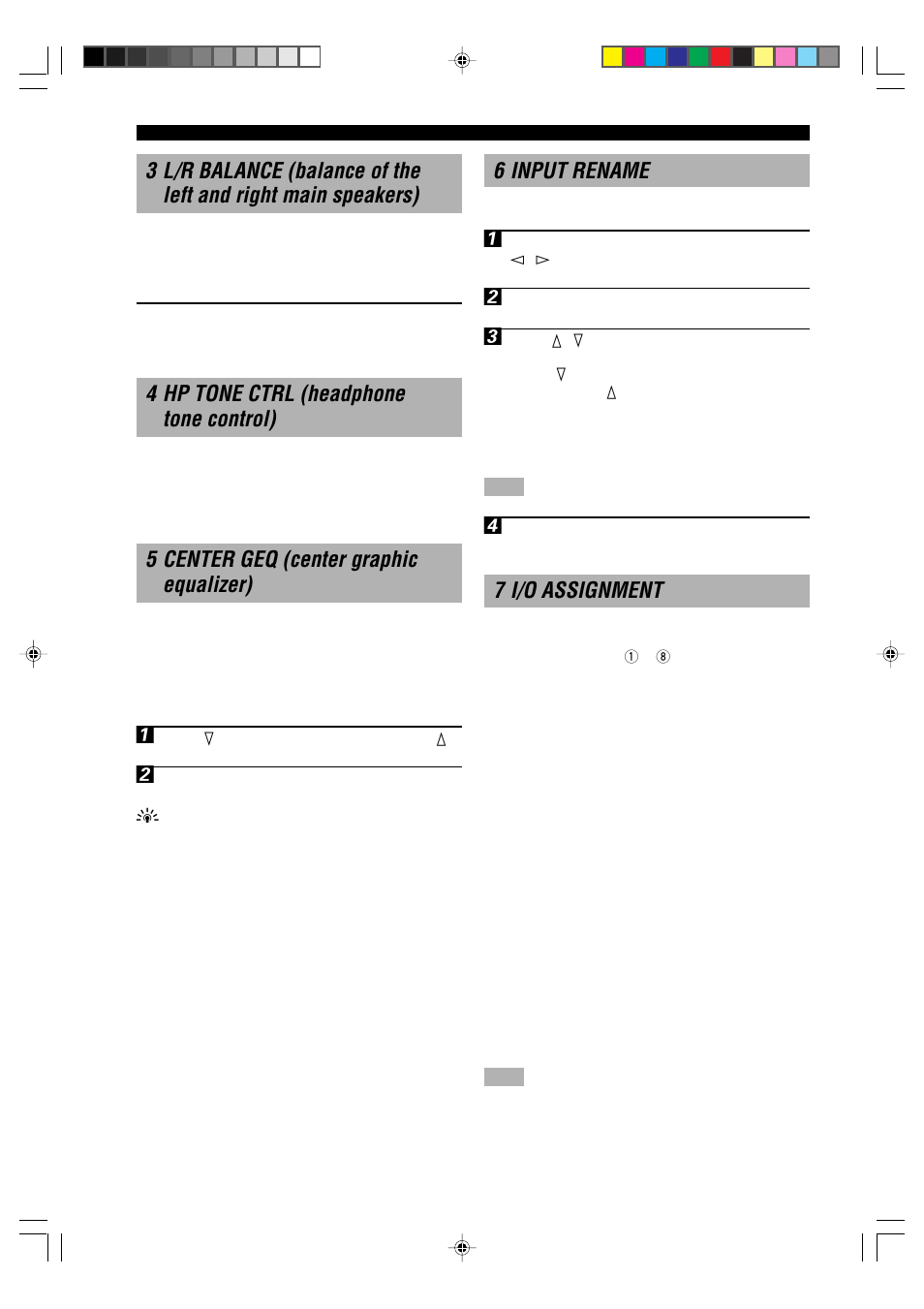 4 hp tone ctrl (headphone tone control), 5 center geq (center graphic equalizer), 6 input rename | 7 i/o assignment | Yamaha RX-V1000RDS User Manual | Page 46 / 85
