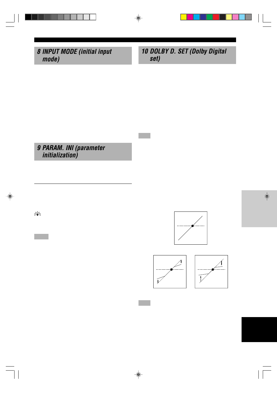 8 input mode (initial input mode), 9 param. ini (parameter initialization), 10 dolby d. set (dolby digital set) | 10a lfe level, 10b d-range (dynamic range) | Yamaha RX-V1000RDS User Manual | Page 47 / 85