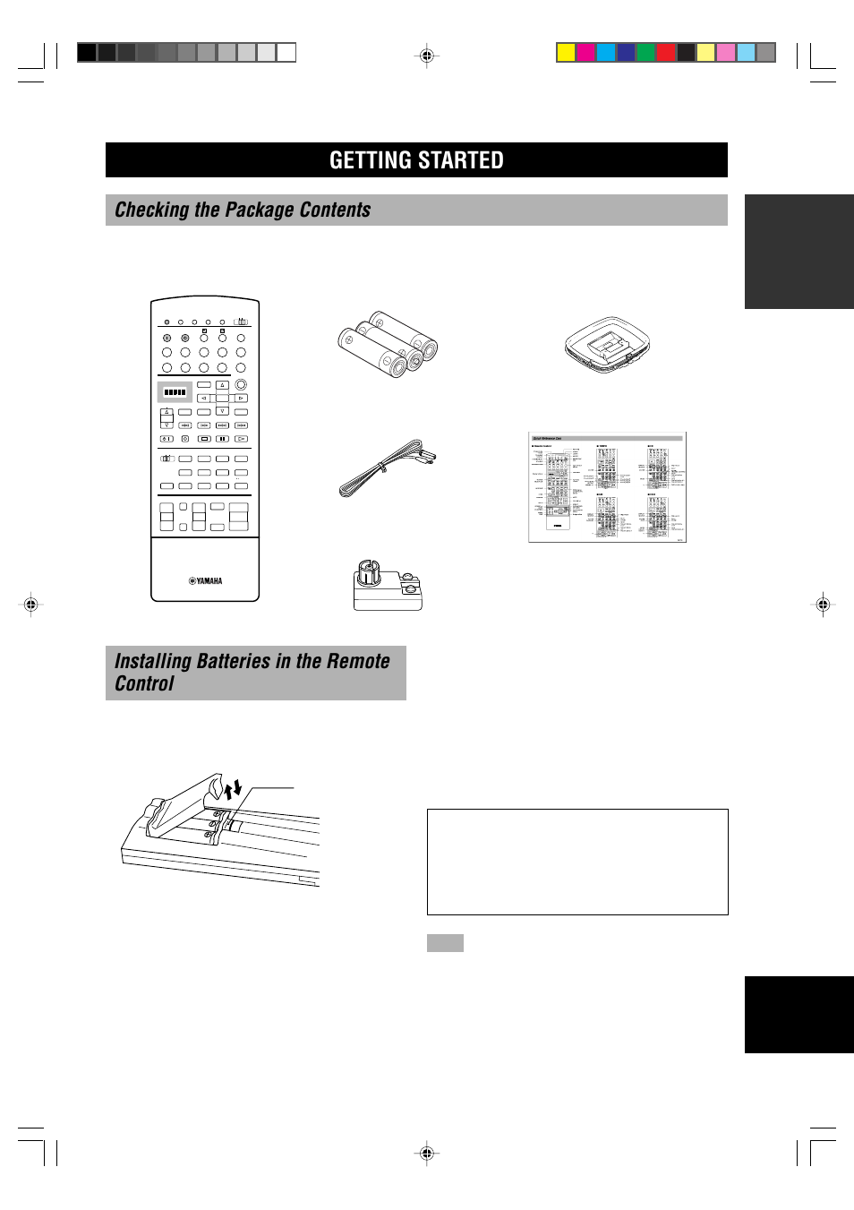 Getting started, Checking the package contents, Installing batteries in the remote control | Changing batteries, Reset button | Yamaha RX-V1000RDS User Manual | Page 5 / 85