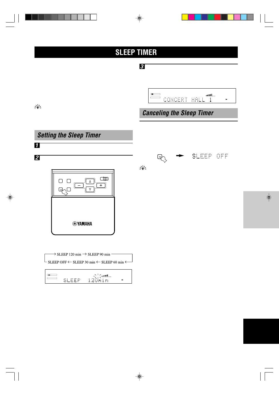 Sleep timer, Setting the sleep timer, Canceling the sleep timer | Setting the sleep timer 1 | Yamaha RX-V1000RDS User Manual | Page 51 / 85