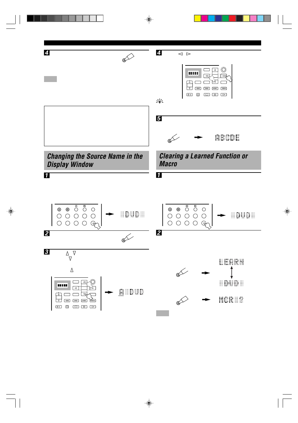 Changing the source name in the display window, Clearing a learned function or macro, Changing the source name in the display window 1 | Clearing a learned function or macro 1, Press re-name again to exit from the renaming mode | Yamaha RX-V1000RDS User Manual | Page 64 / 85