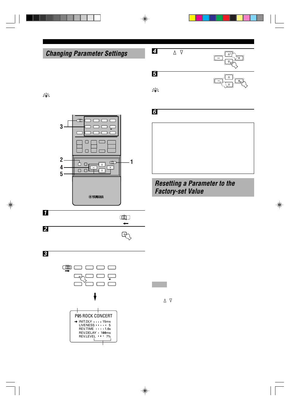 Changing parameter settings, Resetting a parameter to the factory-set value, P05 rock concert | Set parameter/set menu to parameter, Press k / n to select the parameter, Press –/+ to change the parameter value, Select a dsp program you want to adjust | Yamaha RX-V1000RDS User Manual | Page 72 / 85