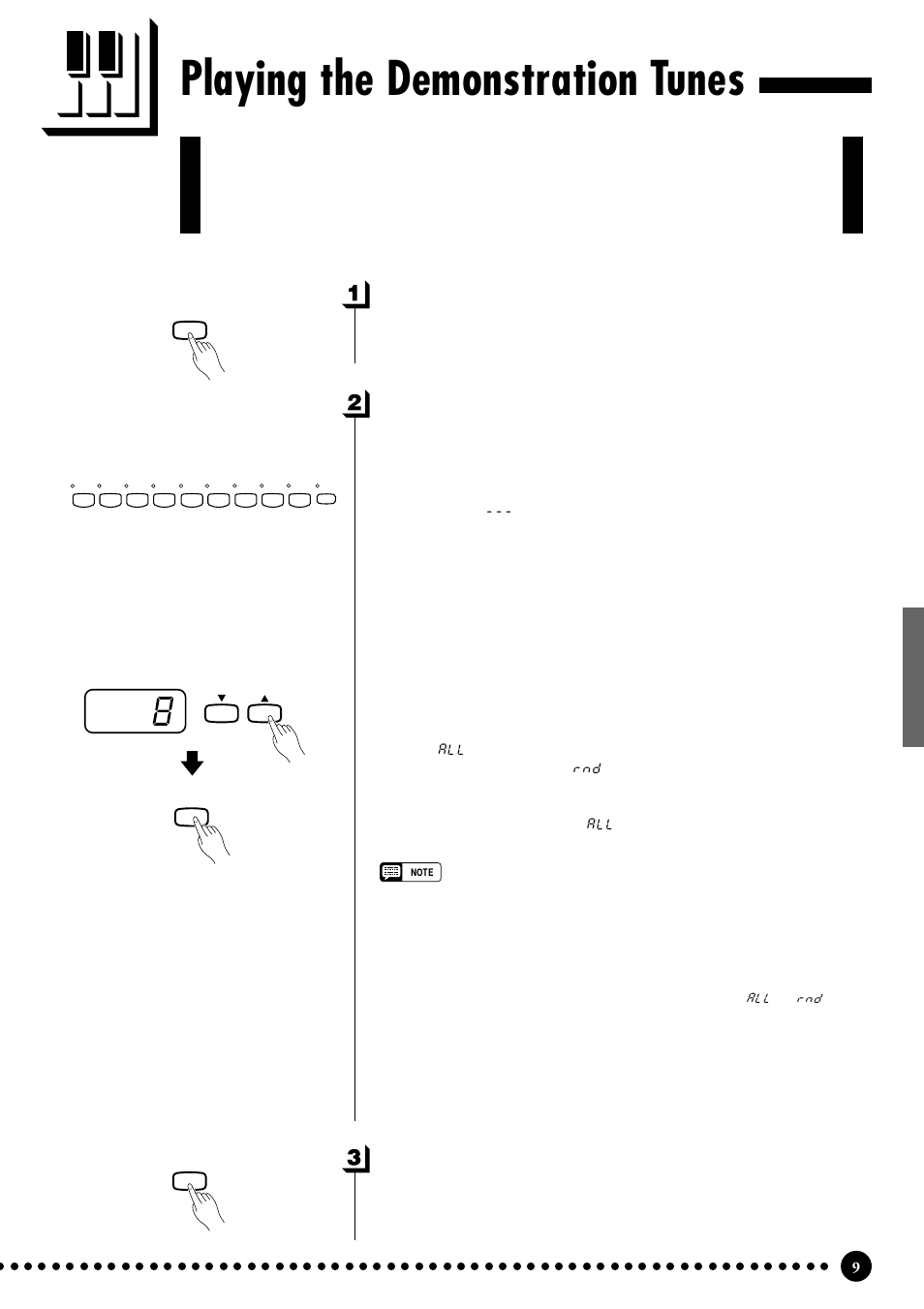 Playing the demonstration tunes, Engage the demo mode, Play a voice demo or piano song | Exit from the demo mode, Voice demo playback, Piano song playback | Yamaha CLP-555 User Manual | Page 11 / 54