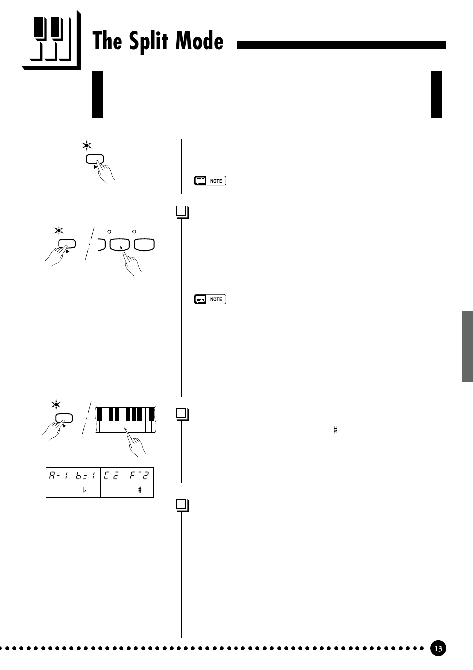 The split mode, Selecting the left-hand voice, Setting the split point | Other split mode functions, A-1 b=1 c 2 f~2 | Yamaha CLP-555 User Manual | Page 15 / 54