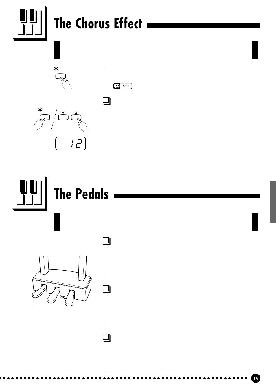 The chorus effect, The pedals, Adjusting effect depth | Soft (left) pedal, Damper (right) pedal, Sostenuto (center) pedal | Yamaha CLP-555 User Manual | Page 17 / 54