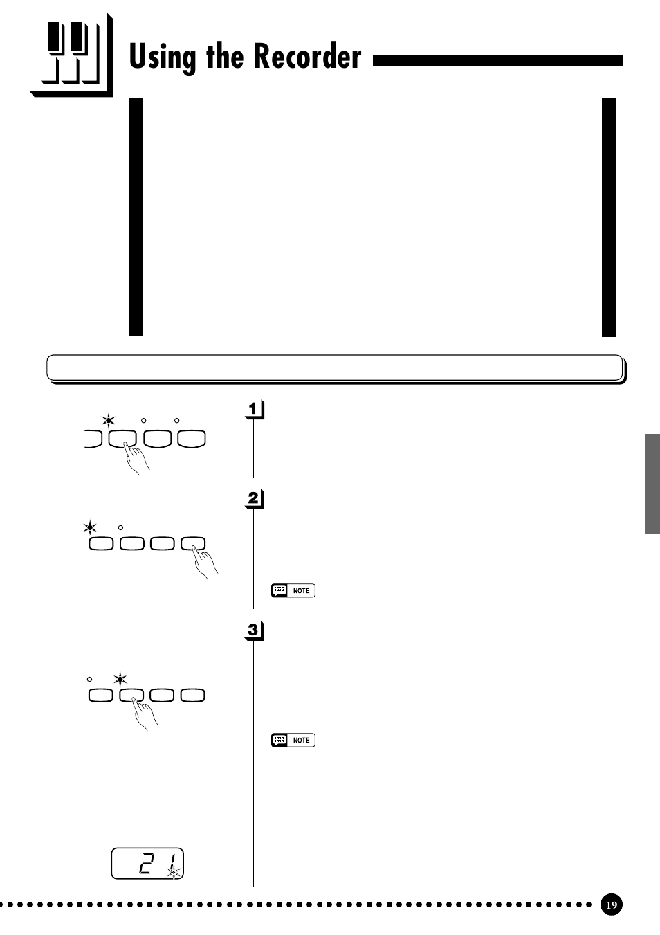 Using the recorder, Recording, Make all necessary initial settings | Engage the record ready mode, Select the record track | Yamaha CLP-555 User Manual | Page 21 / 54