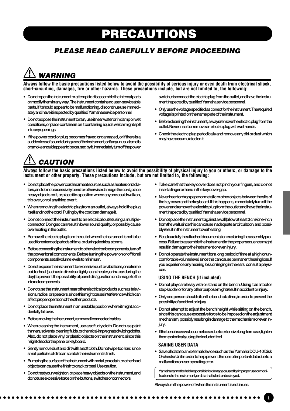 Precautions, Please read carefully before proceeding, Warning | Caution | Yamaha CLP-555 User Manual | Page 3 / 54