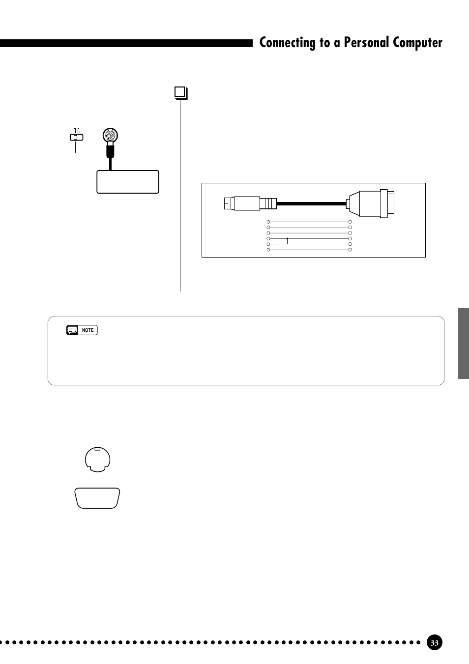 Connecting to a personal computer, Connecting to an ibm-pc/at series computer, Trademarks | Pc-2” cable connections, Connector pin numbers | Yamaha CLP-555 User Manual | Page 35 / 54