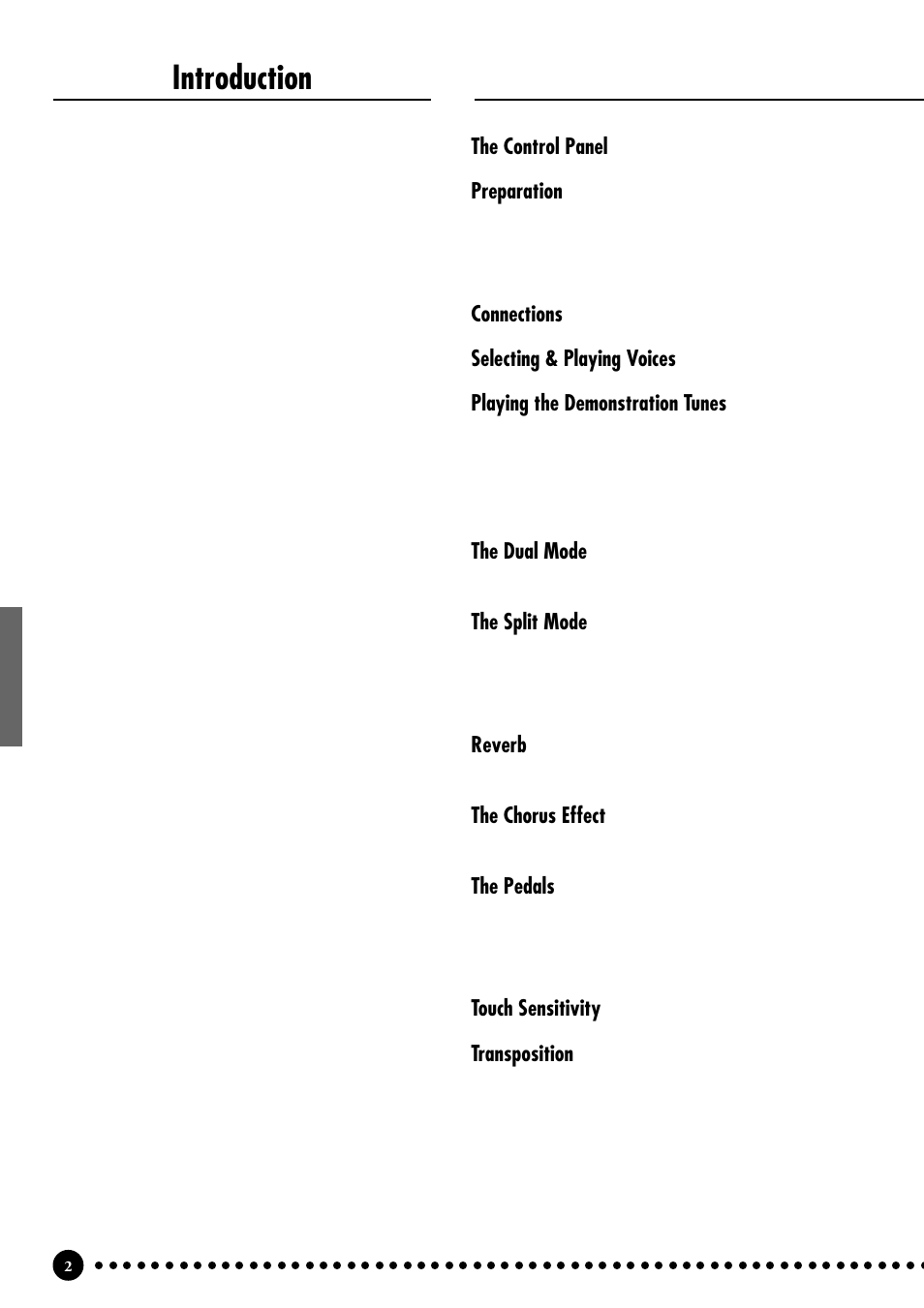 Introduction, The control panel, Preparation | Connections, Selecting & playing voices, Playing the demonstration tunes, The dual mode, The split mode, Reverb, The chorus effect | Yamaha CLP-555 User Manual | Page 4 / 54