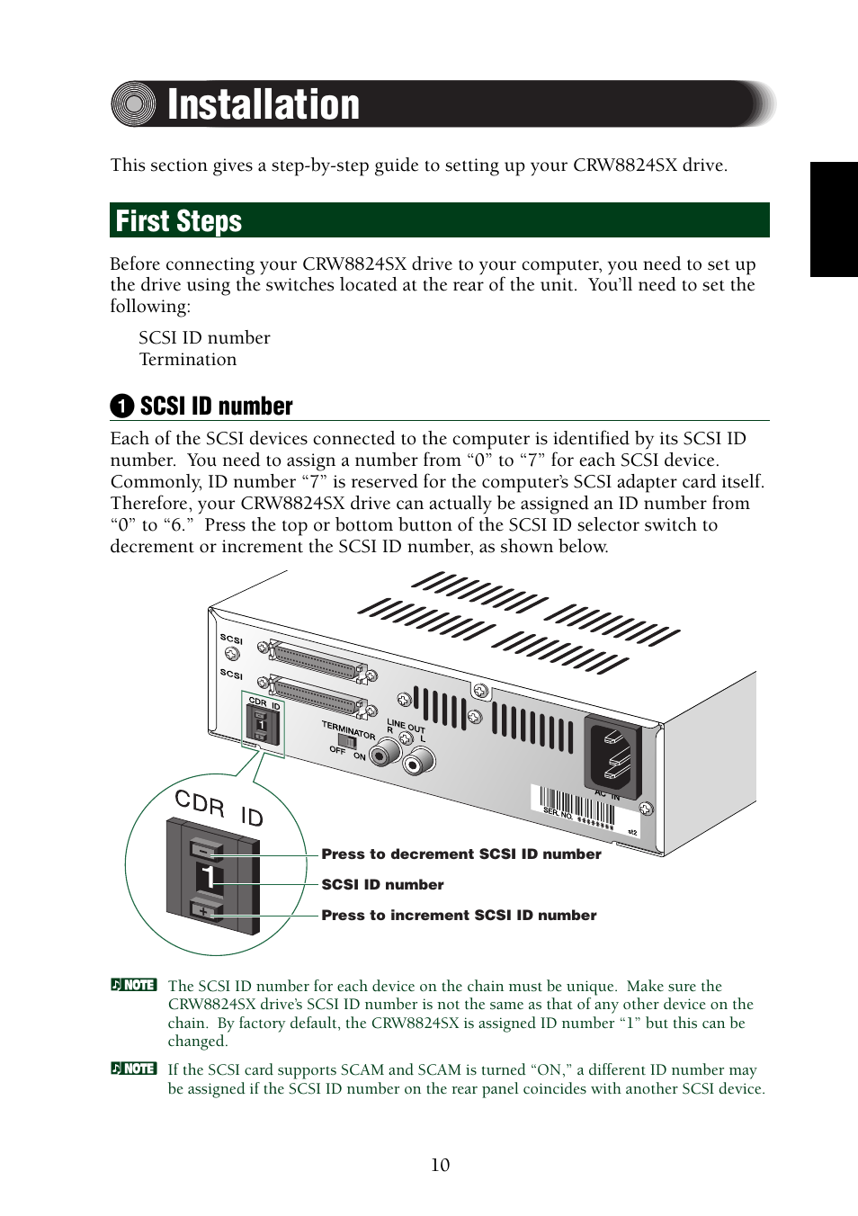 Installation, First steps, Software | 1 scsi id number | Yamaha CRW8824SX Series User Manual | Page 19 / 46