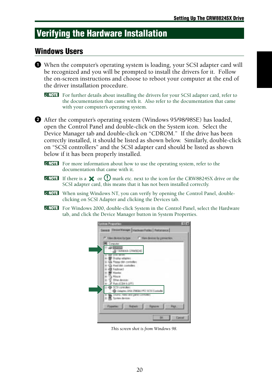 Verifying the hardware installation, Windows users | Yamaha CRW8824SX Series User Manual | Page 29 / 46