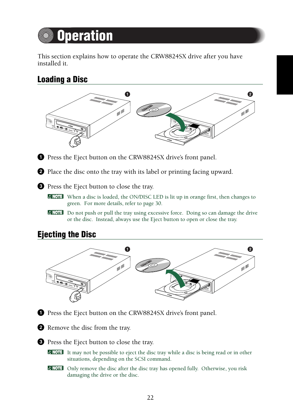 Operation, Loading a disc, Ejecting the disc | Loading a disc ejecting the disc | Yamaha CRW8824SX Series User Manual | Page 31 / 46