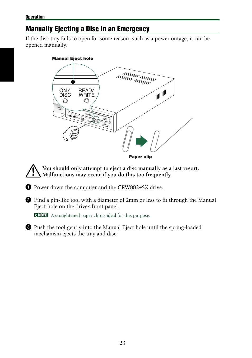 Manually ejecting a disc in an emergency | Yamaha CRW8824SX Series User Manual | Page 32 / 46