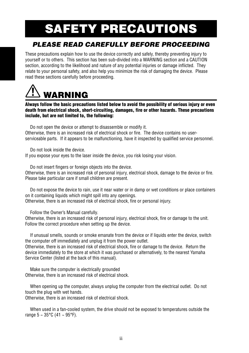 Safety precautions, Warning, Please read carefully before proceeding | Yamaha CRW8824SX Series User Manual | Page 6 / 46