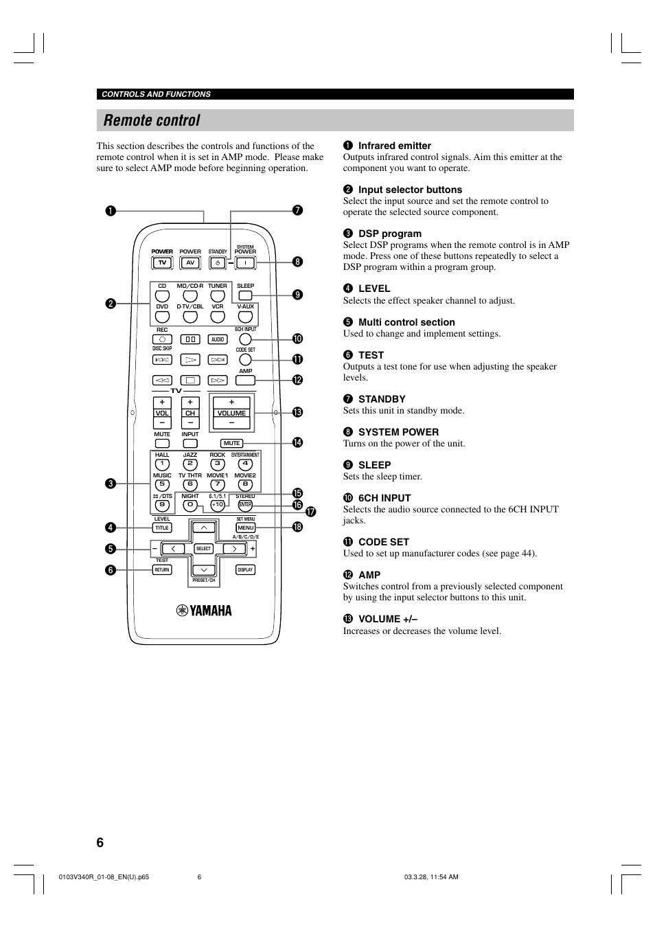 Remote control | Yamaha Natural Sound HTR-5630 User Manual | Page 10 / 60