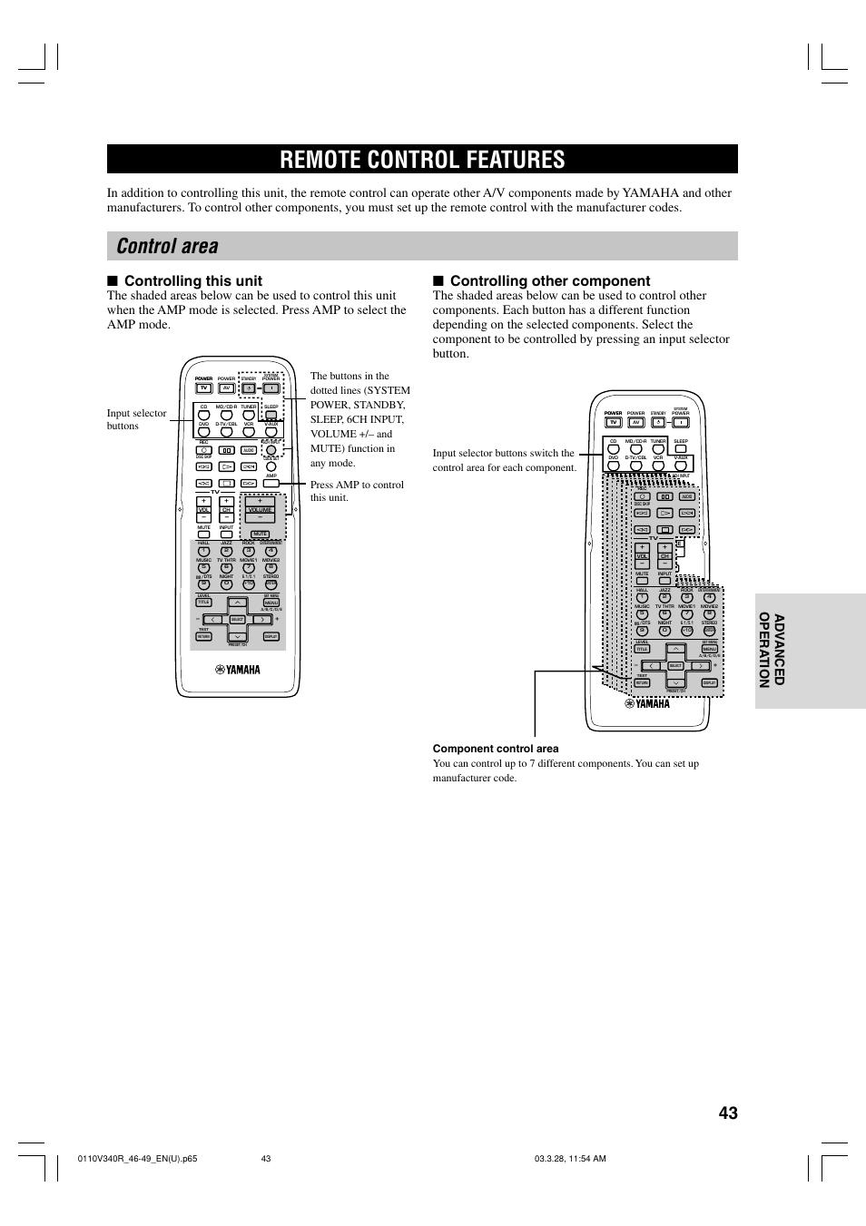 Remote control features, Control area, Controlling this unit | Controlling other component, English ad v anced opera tion, Press amp to control this unit | Yamaha Natural Sound HTR-5630 User Manual | Page 47 / 60