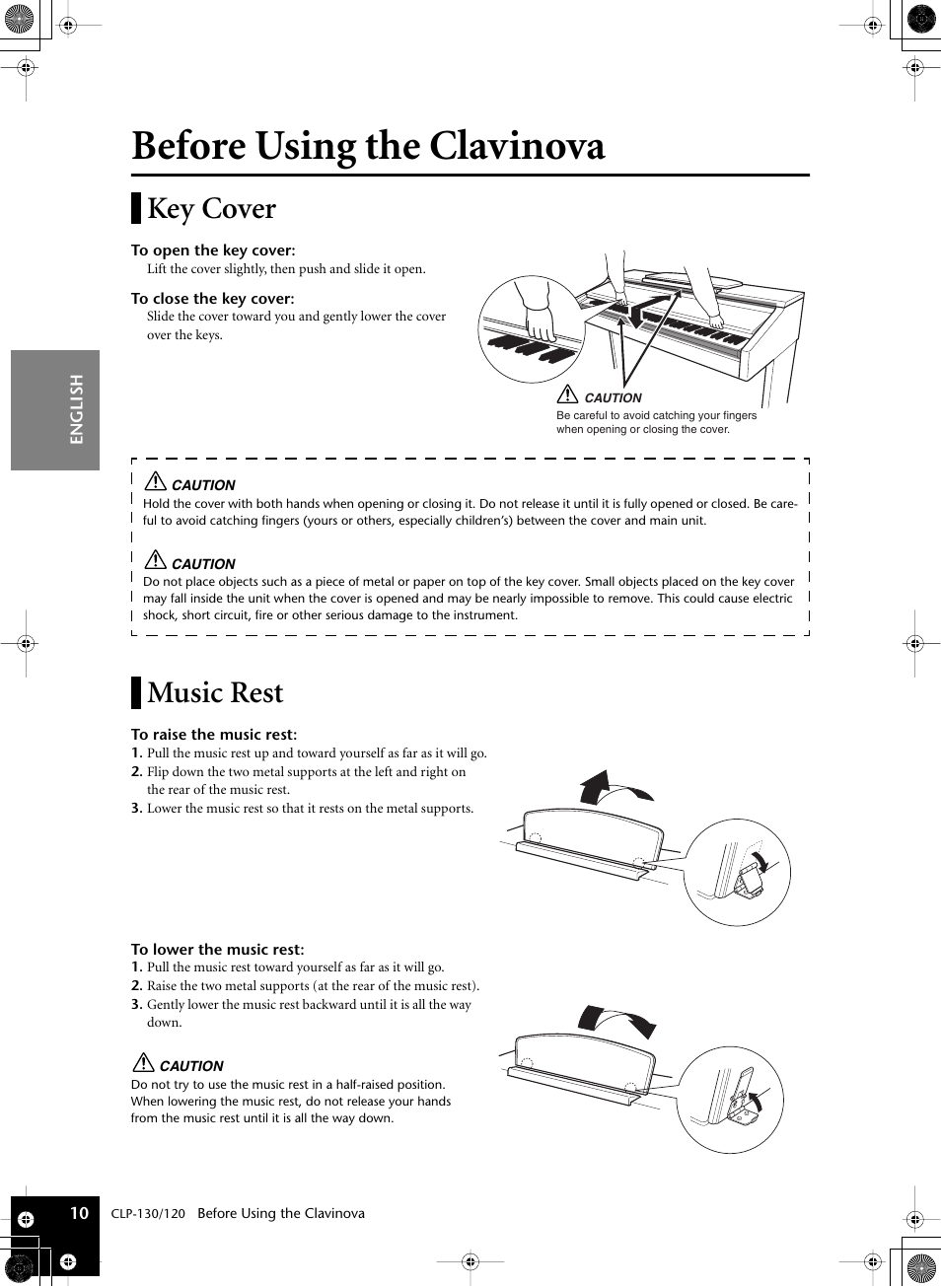 Before using the clavinova, Key cover, Music stand | Key cover music rest turning the power on, Music rest | Yamaha CLP-130 User Manual | Page 10 / 80