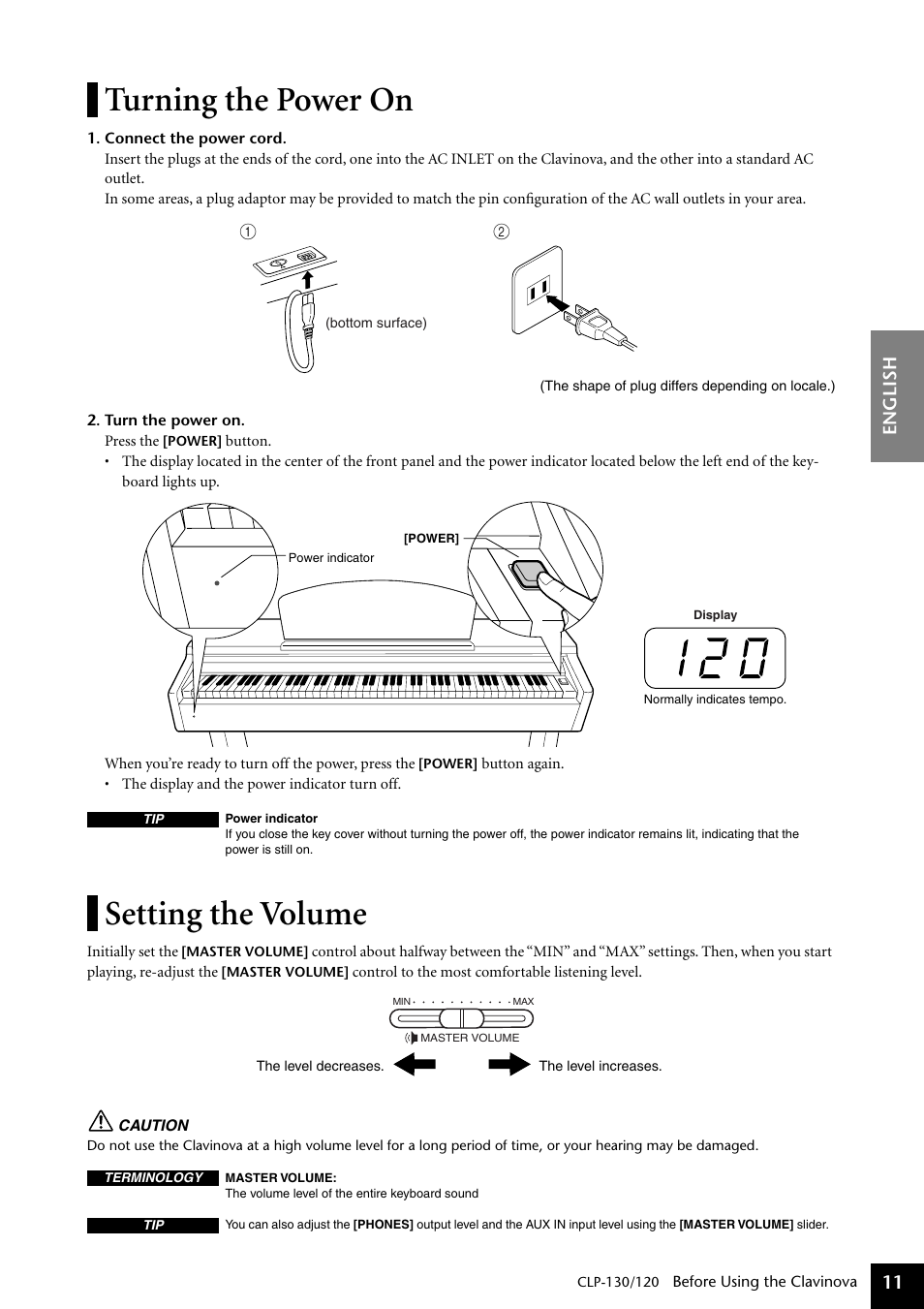 Turning the power on, Setting the volume, Setting the volume using headphones | English 11 | Yamaha CLP-130 User Manual | Page 11 / 80