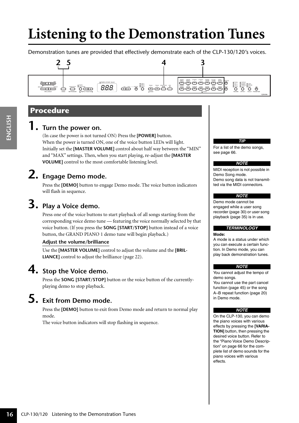 Listening to the demonstration tunes, Procedure, Turn the power on | Engage demo mode, Play a voice demo, Stop the voice demo, Exit from demo mode, English 16, Control to the most comfortable listening level, Press the | Yamaha CLP-130 User Manual | Page 16 / 80