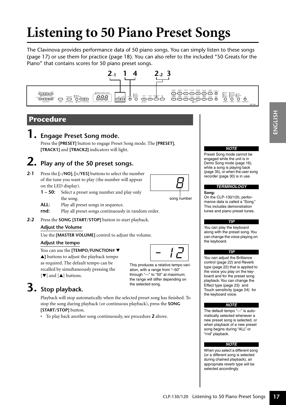 Listening to 50 piano preset songs, P17–20, p30–36, Procedure | Engage preset song mode, Play any of the 50 preset songs, Stop playback, English 17, Press the, Button to engage preset song mode. the, Indicators will light | Yamaha CLP-130 User Manual | Page 17 / 80