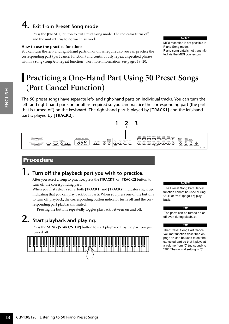 Practicing a one-hand part using 50 preset, Songs (part cancel function), Practicing a one-hand part using 50 preset songs | Part cancel function), Procedure, Exit from preset song mode, Turn off the playback part you wish to practice, Start playback and playing, English 18, Listening to 50 piano preset songs | Yamaha CLP-130 User Manual | Page 18 / 80