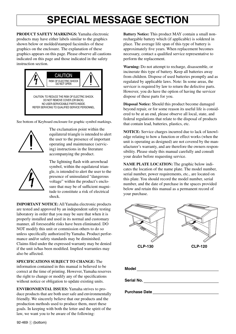 Introduction, Special message section, Caution | Yamaha CLP-130 User Manual | Page 2 / 80