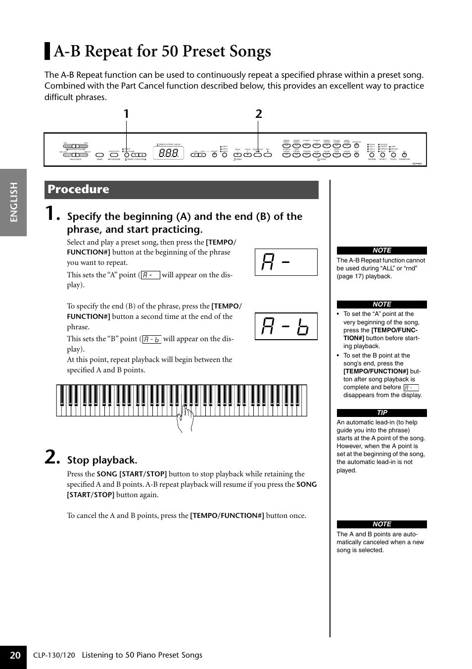 A-b repeat for 50 preset songs, Procedure, Stop playback | English 20, Listening to 50 piano preset songs, Select and play a preset song, then press the, Press the, Button once | Yamaha CLP-130 User Manual | Page 20 / 80