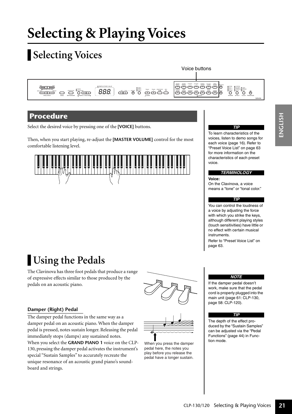 Selecting & playing voices, Selecting voices, Using the pedals | Selecting voices using the pedals, Procedure, English 21, Select the desired voice by pressing one of the, Control for the most comfortable listening level, Voice, Master volume | Yamaha CLP-130 User Manual | Page 21 / 80