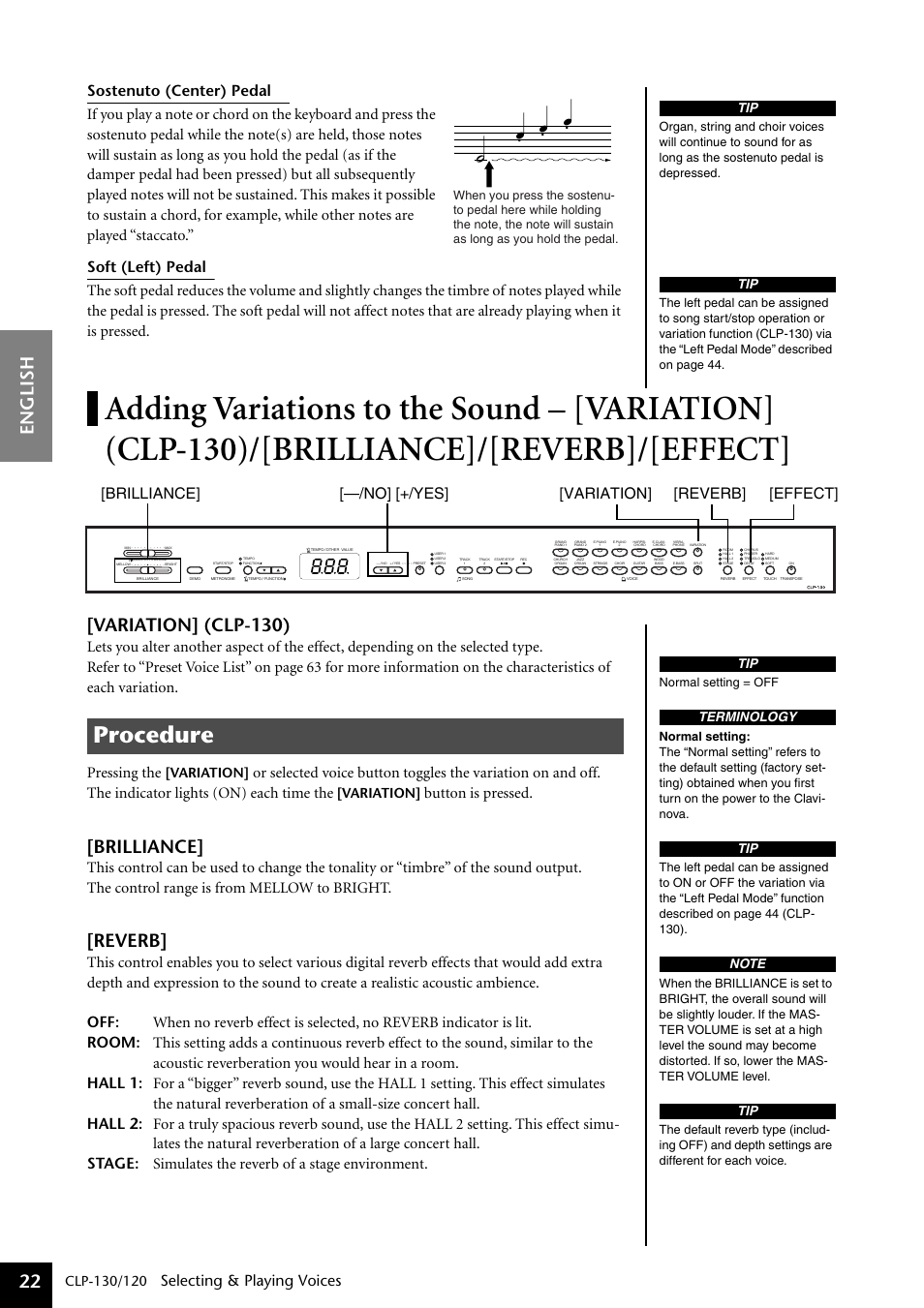 Adding variations to the sound, Adding variations to the sound – [variation, Clp-130)/[brilliance]/[reverb]/ [effect | Procedure, English 22, Variation] (clp-130), Brilliance, Reverb, Selecting & playing voices, Button is pressed | Yamaha CLP-130 User Manual | Page 22 / 80