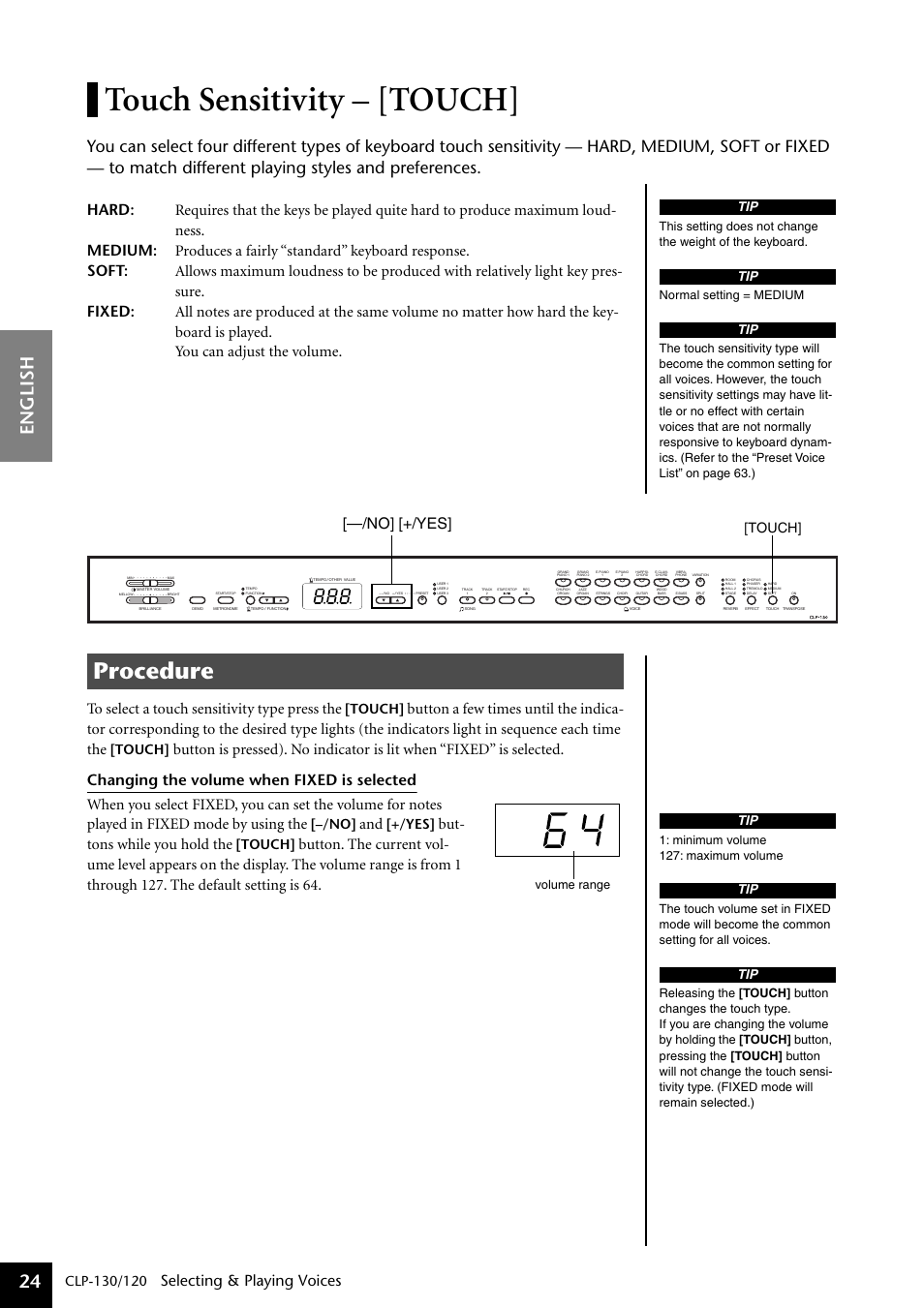 Touch sensitivity – [touch, Procedure, English 24 | Selecting & playing voices, But- tons while you hold the, No] [+/yes, Touch, Normal setting = medium, Minimum volume 127: maximum volume | Yamaha CLP-130 User Manual | Page 24 / 80