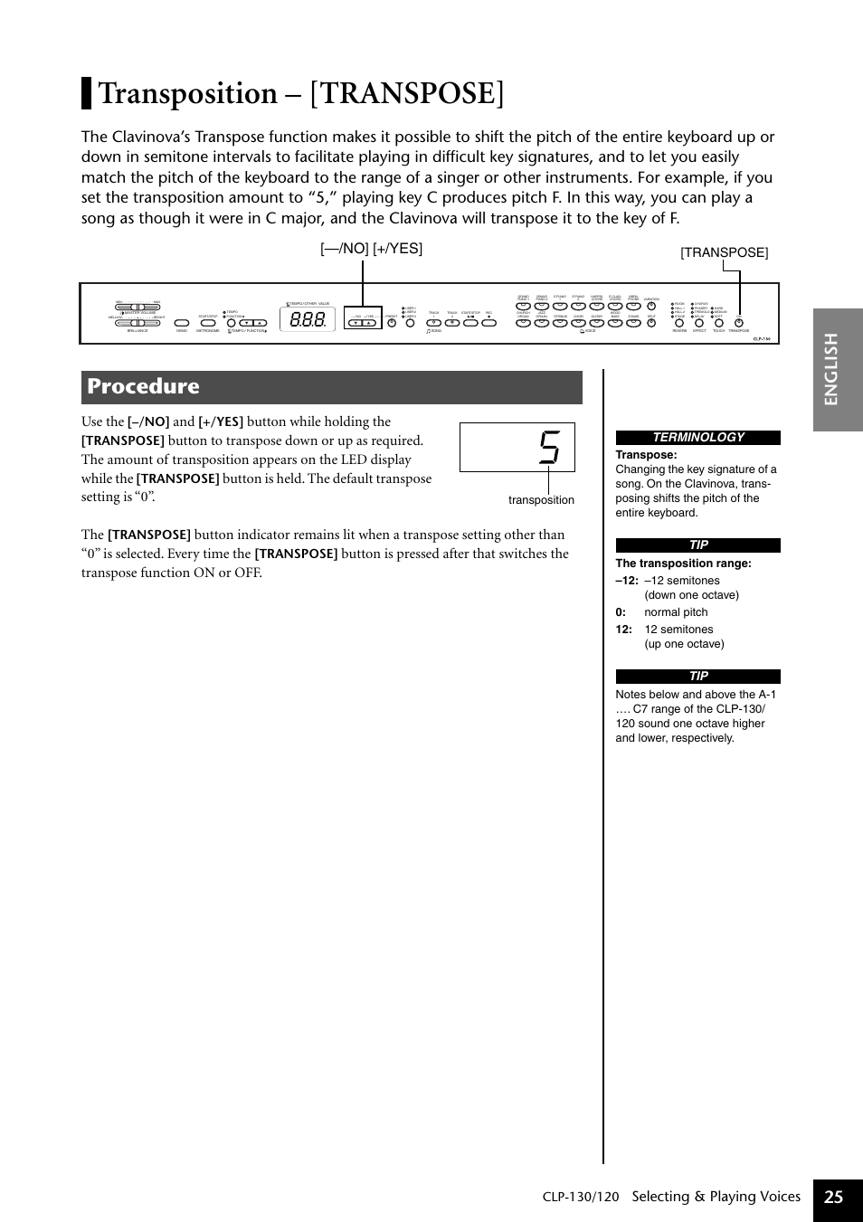 Transposition – [transpose, Procedure, English 25 | Selecting & playing voices, Use the, Button while holding the, No] [+/yes, Transpose, Terminology | Yamaha CLP-130 User Manual | Page 25 / 80
