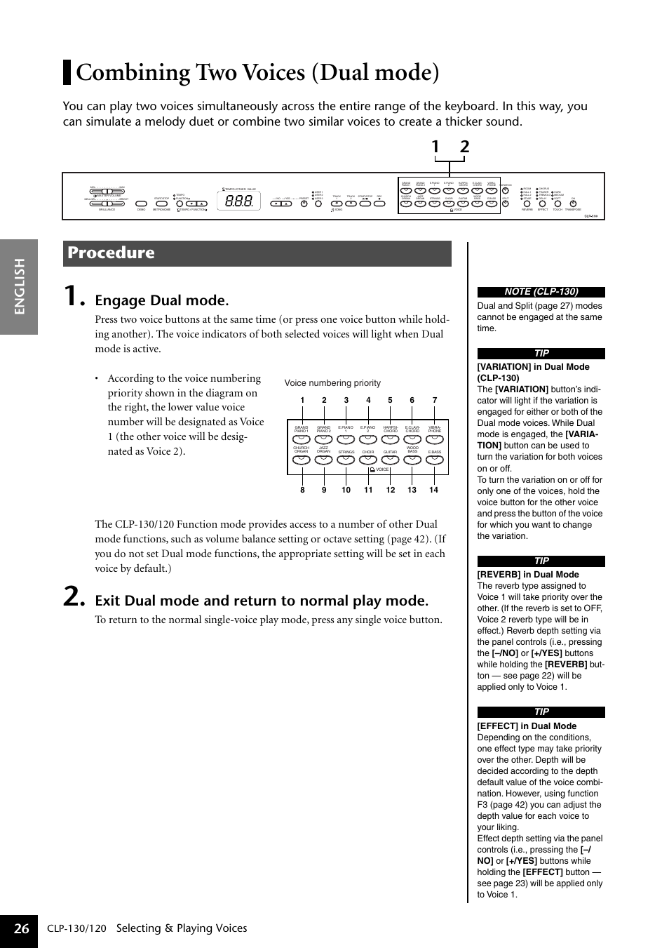 Combining two voices (dual mode), Procedure, Engage dual mode | Exit dual mode and return to normal play mode, English 26, Selecting & playing voices, Voice numbering priority | Yamaha CLP-130 User Manual | Page 26 / 80