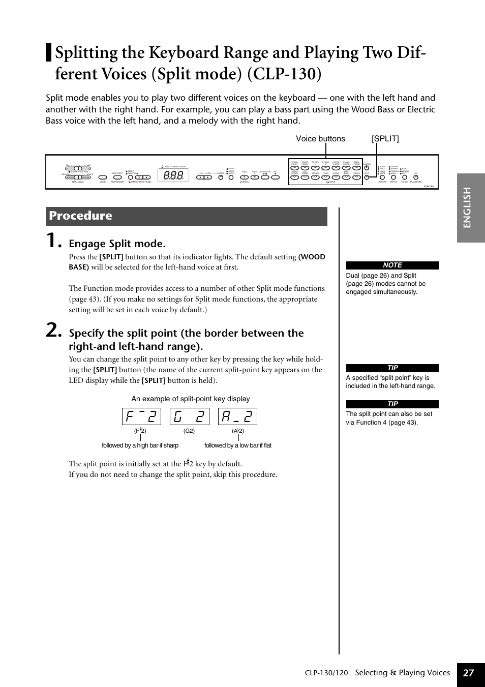 Splitting the keyboard range and playing two, Different voices (split mode) (clp-130), Procedure | Engage split mode, English 27, Selecting & playing voices, Press the, Split, Wood base), An example of split-point key display | Yamaha CLP-130 User Manual | Page 27 / 80